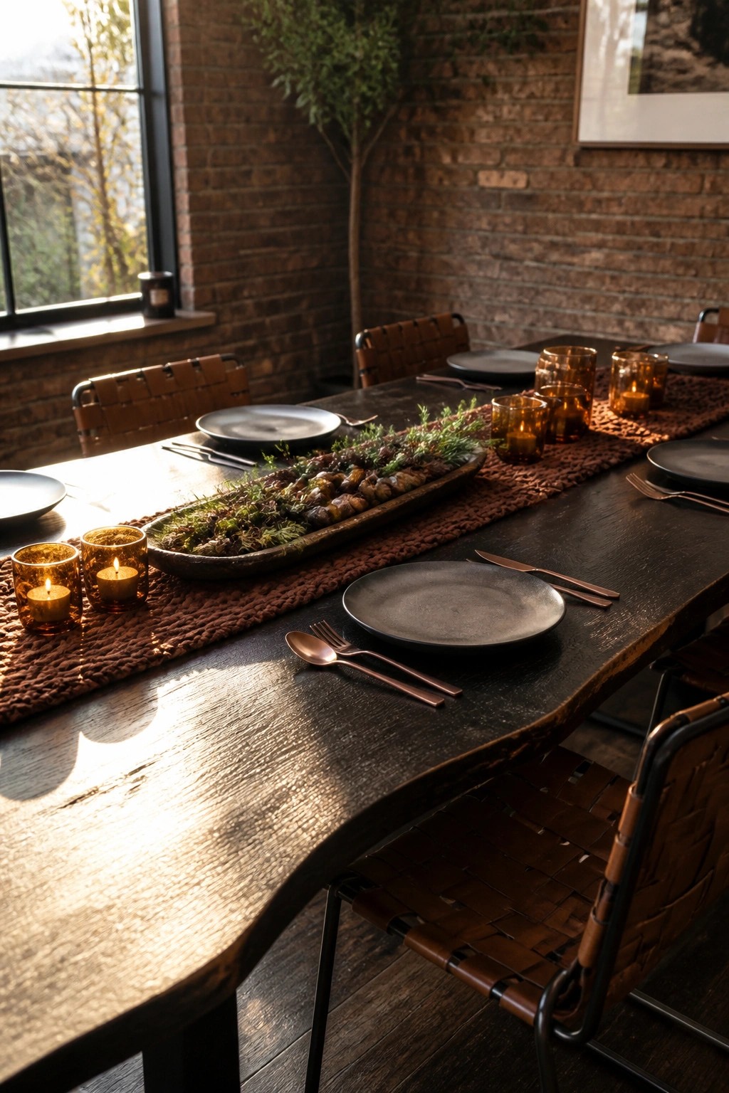 A dark wooden dining table with woven leather chairs, set with black plates, copper cutlery, amber glass candle holders, and a long wooden trough filled with moss, chestnuts, and greenery running down the center on a brown knitted runner.