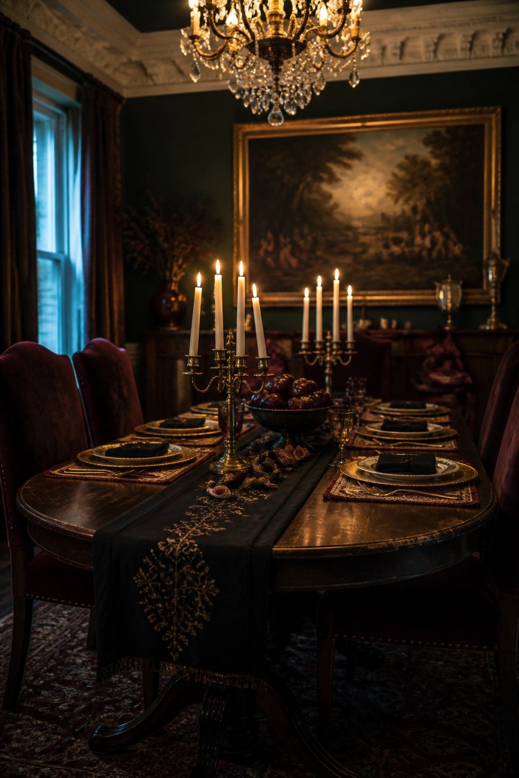 A dimly lit formal dining room featuring a long dark wood table set with a black embroidered runner, multiple lit candelabras, gold-rimmed plates, dark napkins, and a central bowl of fruit.