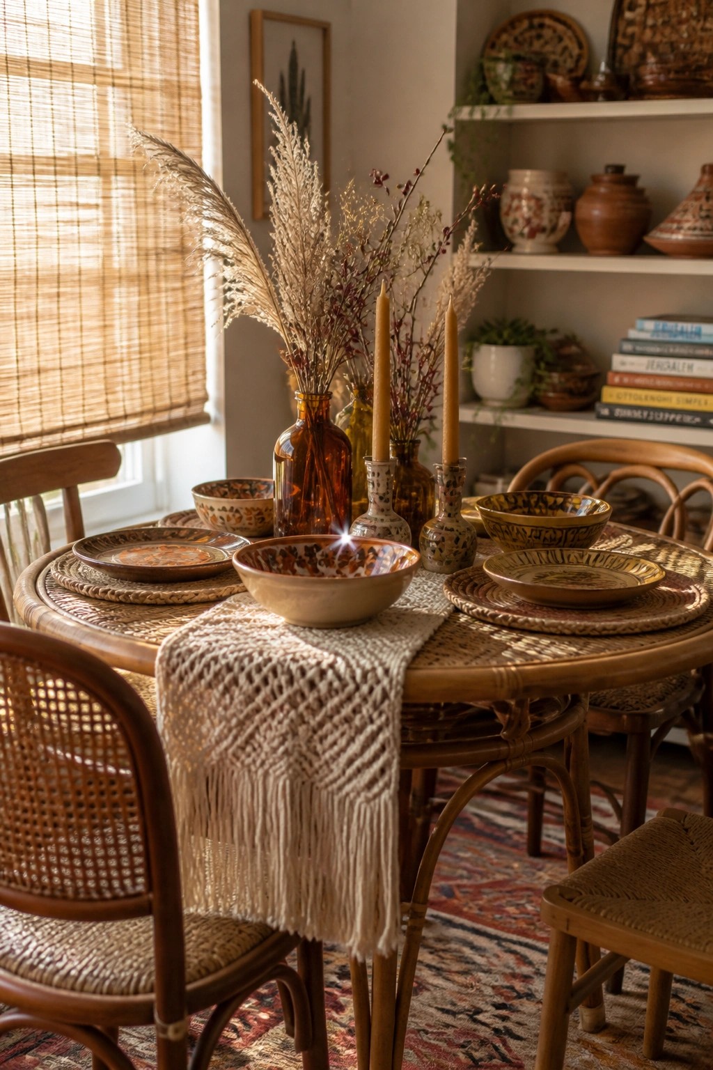 A round wooden dining table set with woven placemats, patterned ceramic dishes, a macrame runner, and several glass bottles holding dried grasses and branches.
