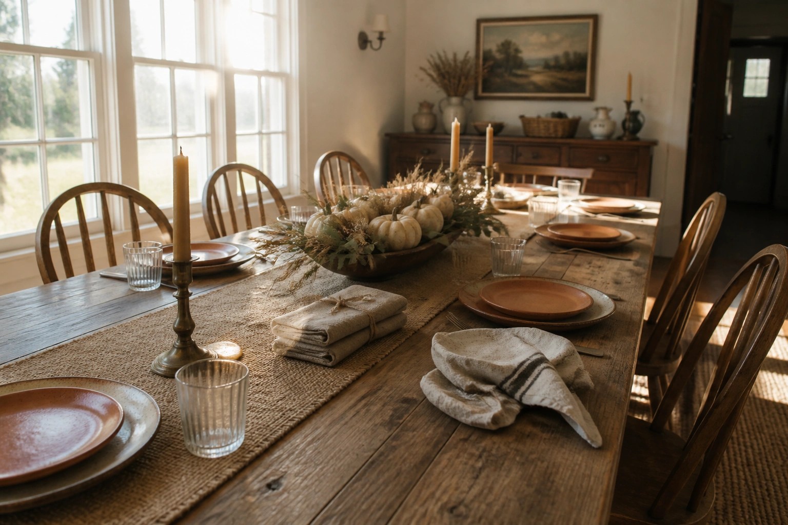 A wooden dining table set with a burlap runner, layered brown and speckled plates, ribbed glasses, brass candlesticks, and a centerpiece of dried wheat, greenery, and small white pumpkins.