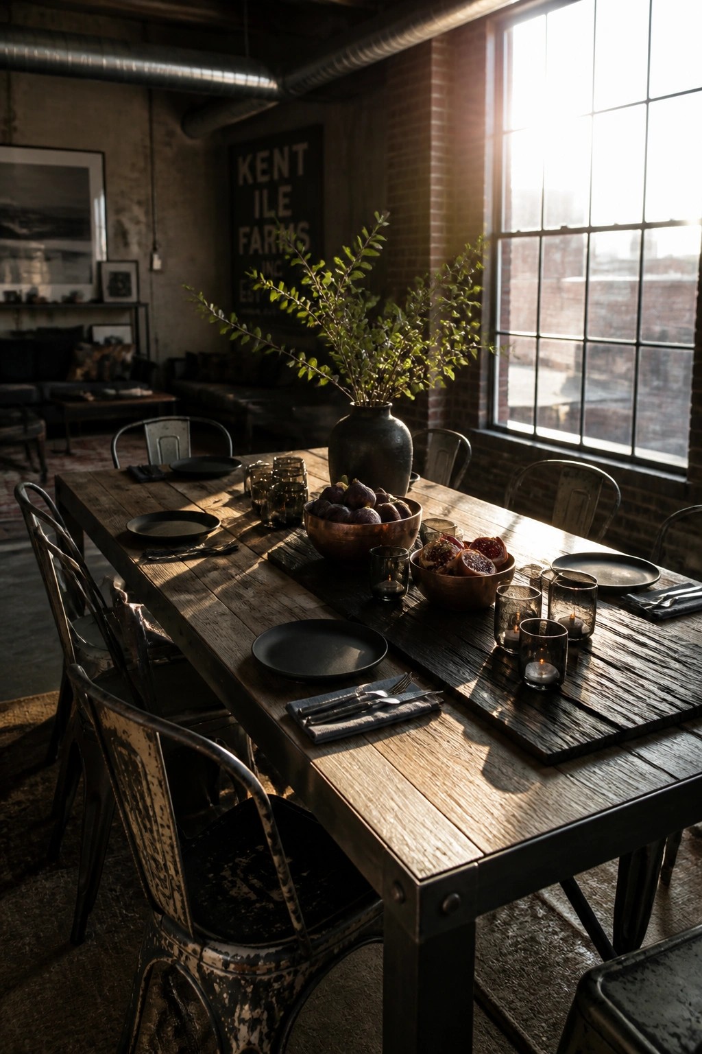 A long wooden dining table set with dark plates, copper bowls of figs and pomegranates, lit candles, and a dark vase with branches in an industrial room with large windows.