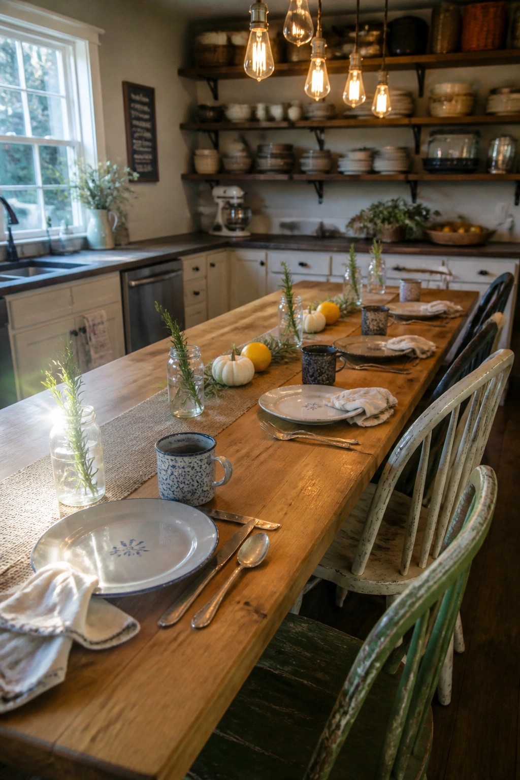 A rustic wooden dining table in a kitchen is set with plates, mugs, and silverware, and decorated down the center with small white pumpkins, lemons, rosemary sprigs in glass jars, and a burlap runner.