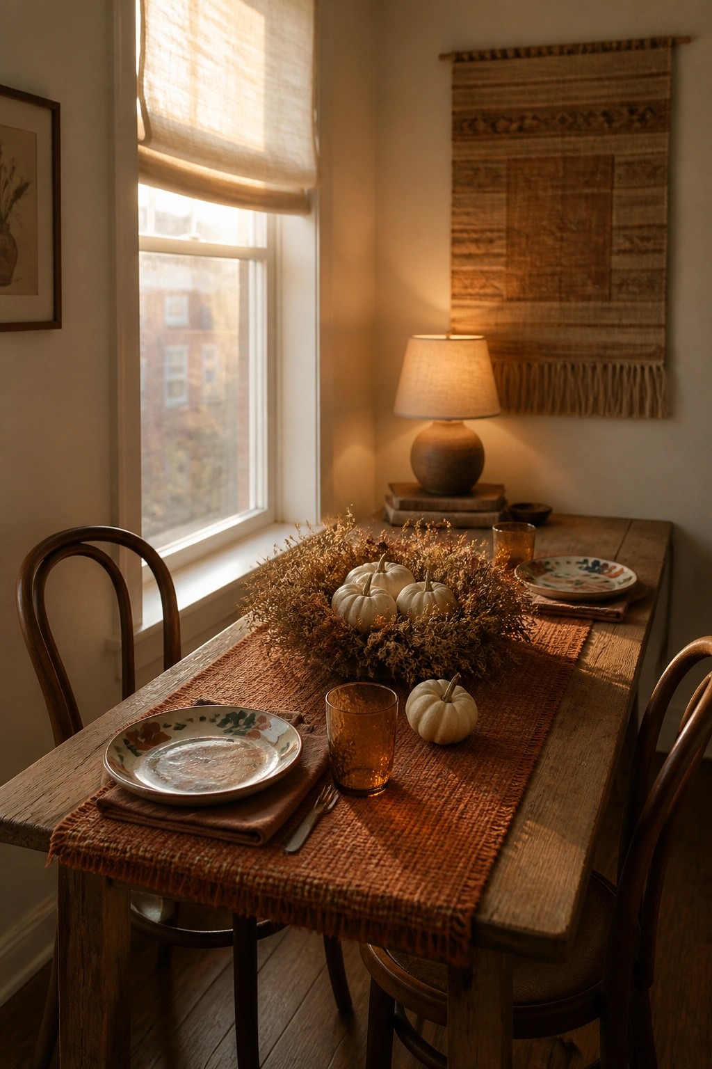A wooden dining table with an orange woven runner, small white pumpkins, dried foliage arrangement, plates, and amber glasses in a room with a window.