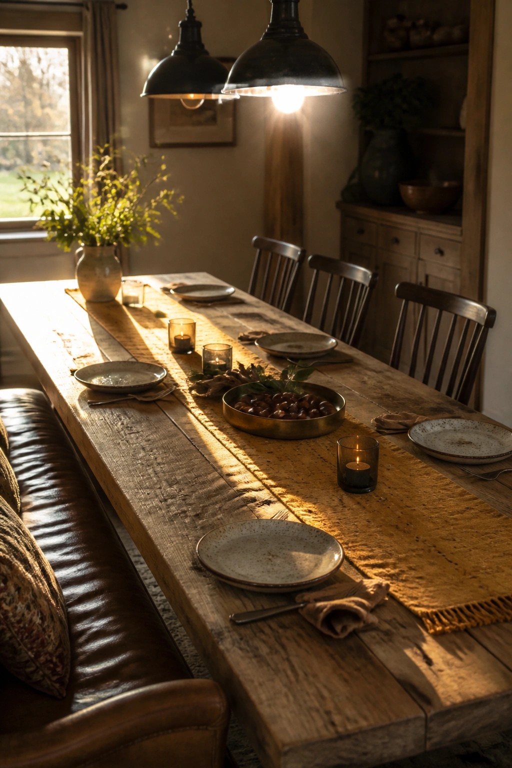 A long wooden dining table covered with a mustard yellow runner, ceramic plates, lit candles, and a bowl of chestnuts in a rustic interior.