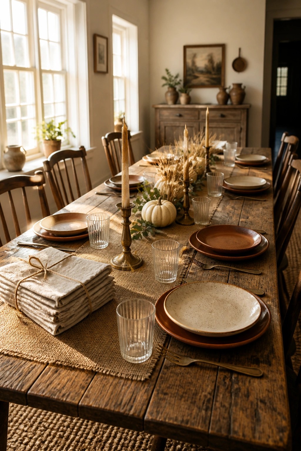 A wooden dining table set with a burlap runner, layered brown and speckled plates, ribbed glasses, brass candlesticks, and a centerpiece of dried wheat, greenery, and small white pumpkins.