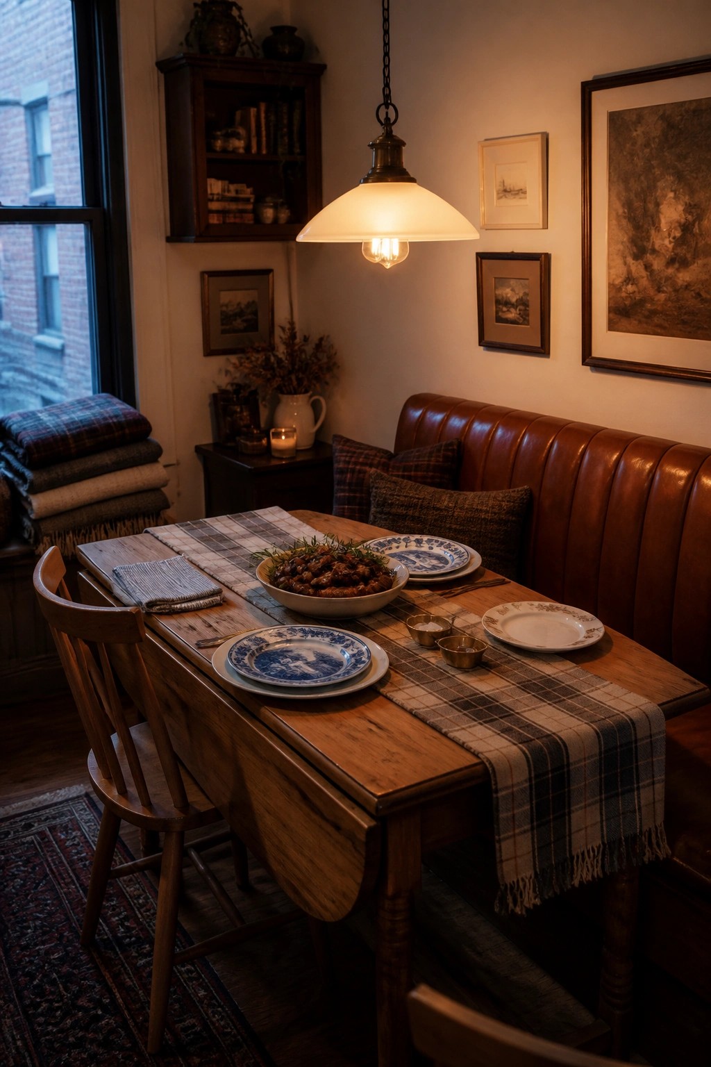 A wooden dining table with a plaid runner, blue and white plates, and a bowl of food, next to a brown leather banquette.
