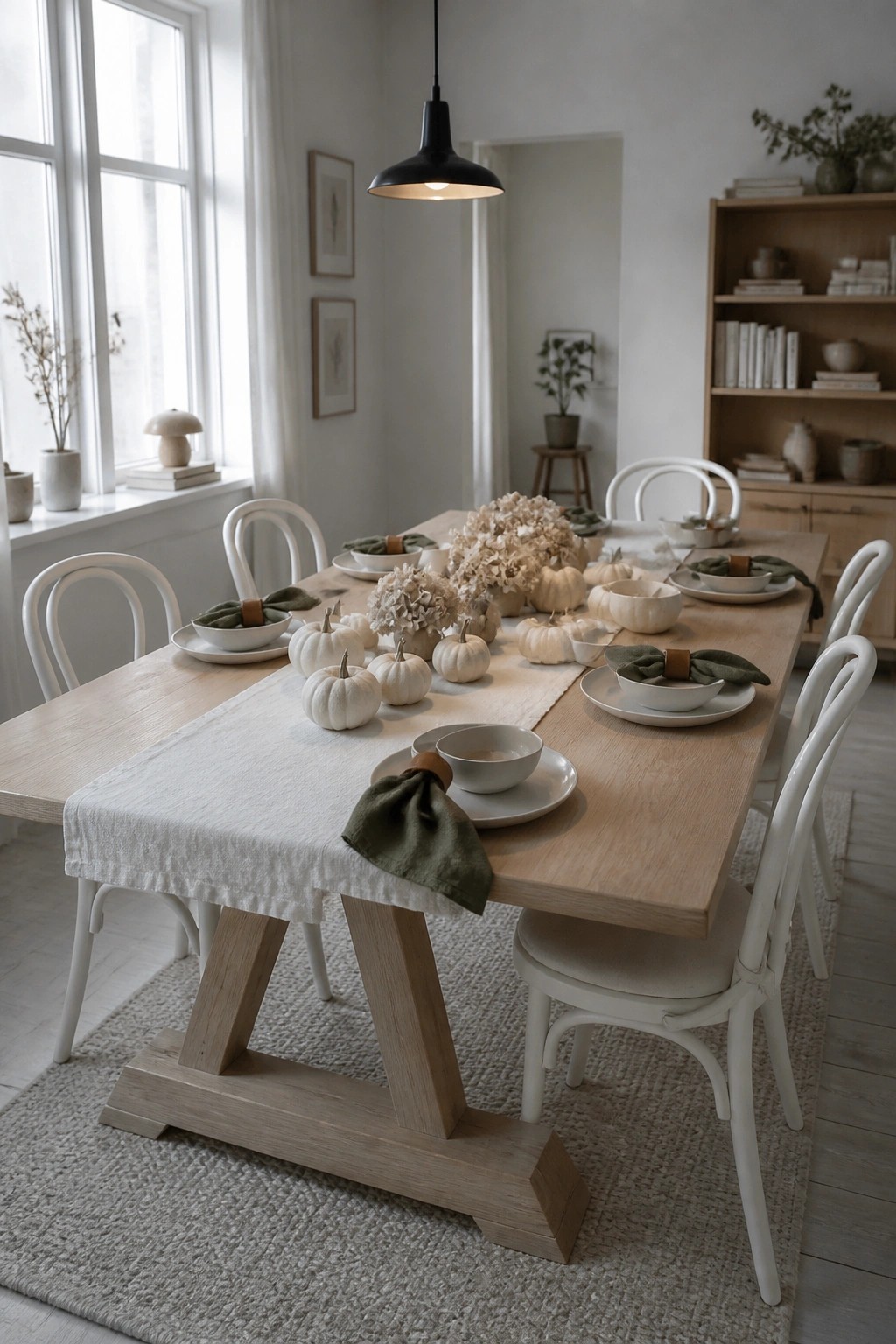 A light wood dining table with a white runner, small white pumpkins, dried hydrangea clusters, and green napkins at each place setting.