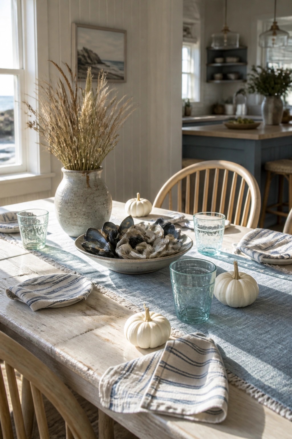 A wooden dining table set with a blue runner, small white pumpkins, dried grasses in a ceramic vase, a bowl of shellfish, blue glassware, and striped napkins.