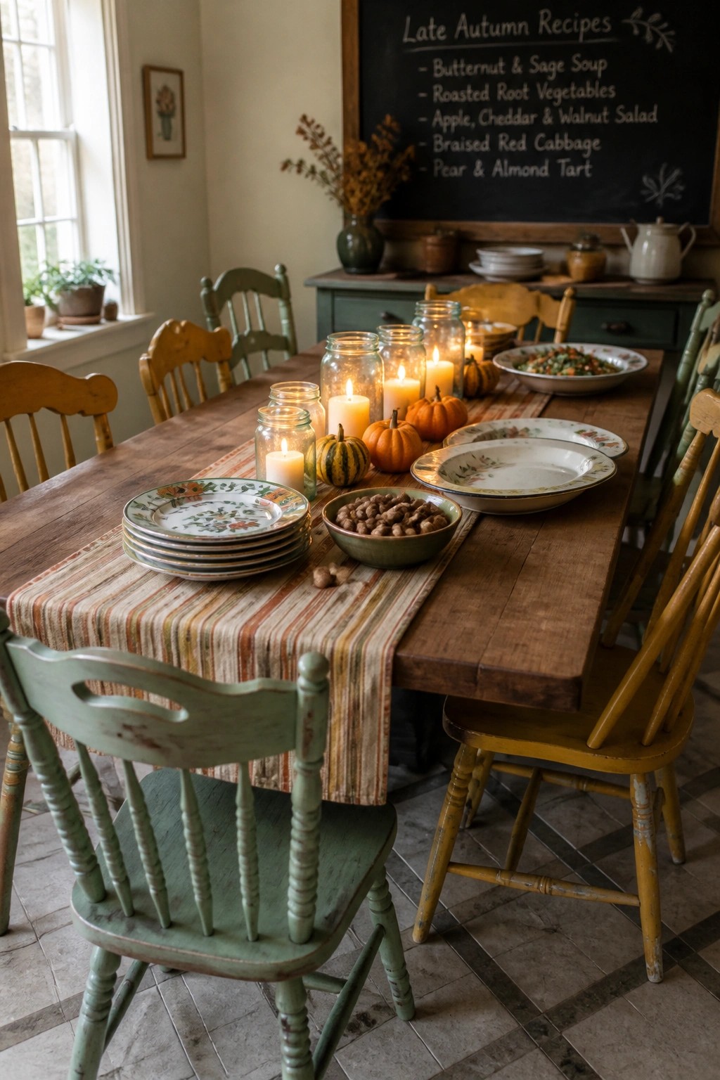 A rustic dining room with a wooden table set with a striped runner, lit candles in jars, small pumpkins, plates, and a chalkboard listing late autumn recipes on the wall behind it.