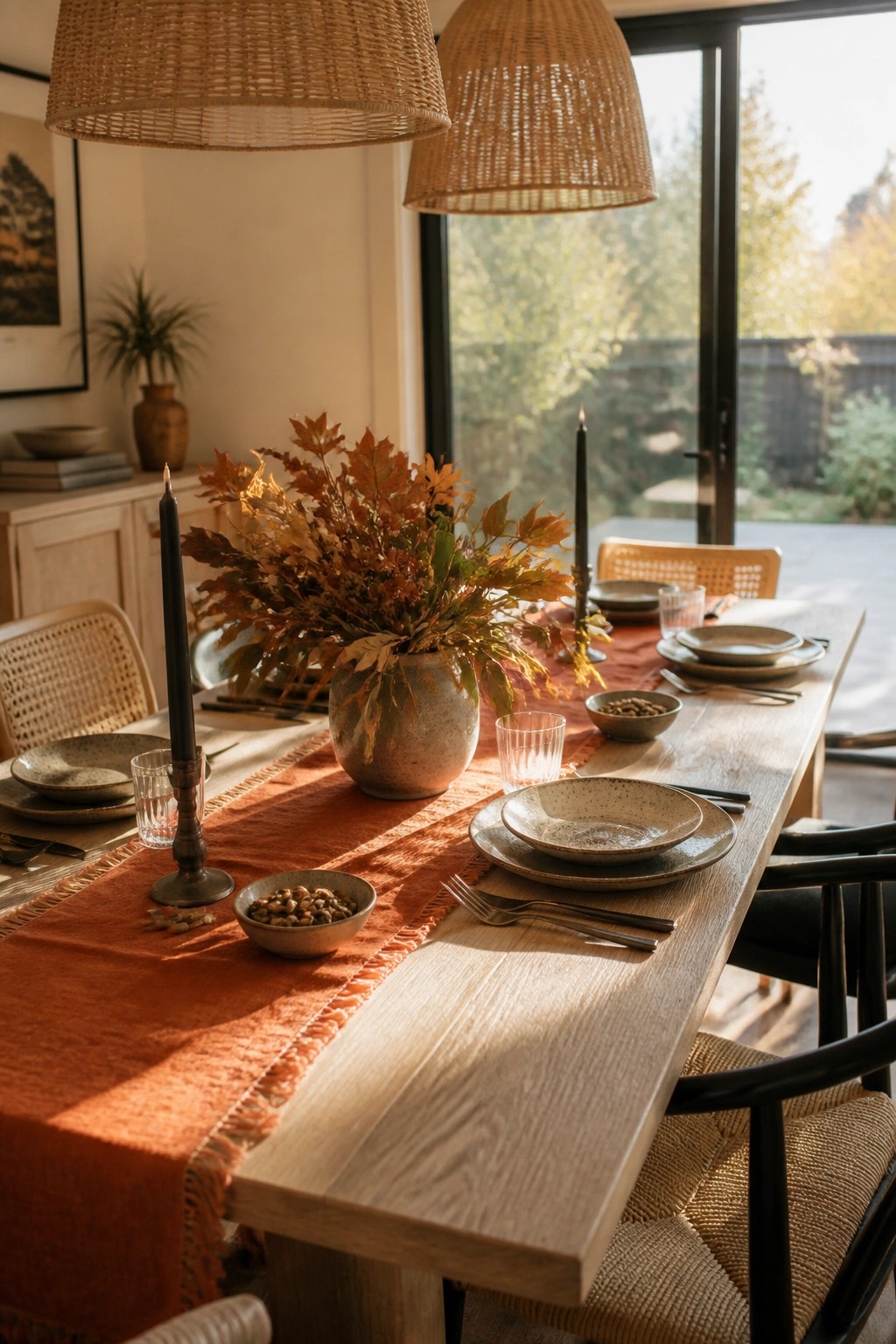 A long wooden dining table covered with an orange fabric runner, a vase of autumn leaves, black taper candles, and speckled ceramic dishes.