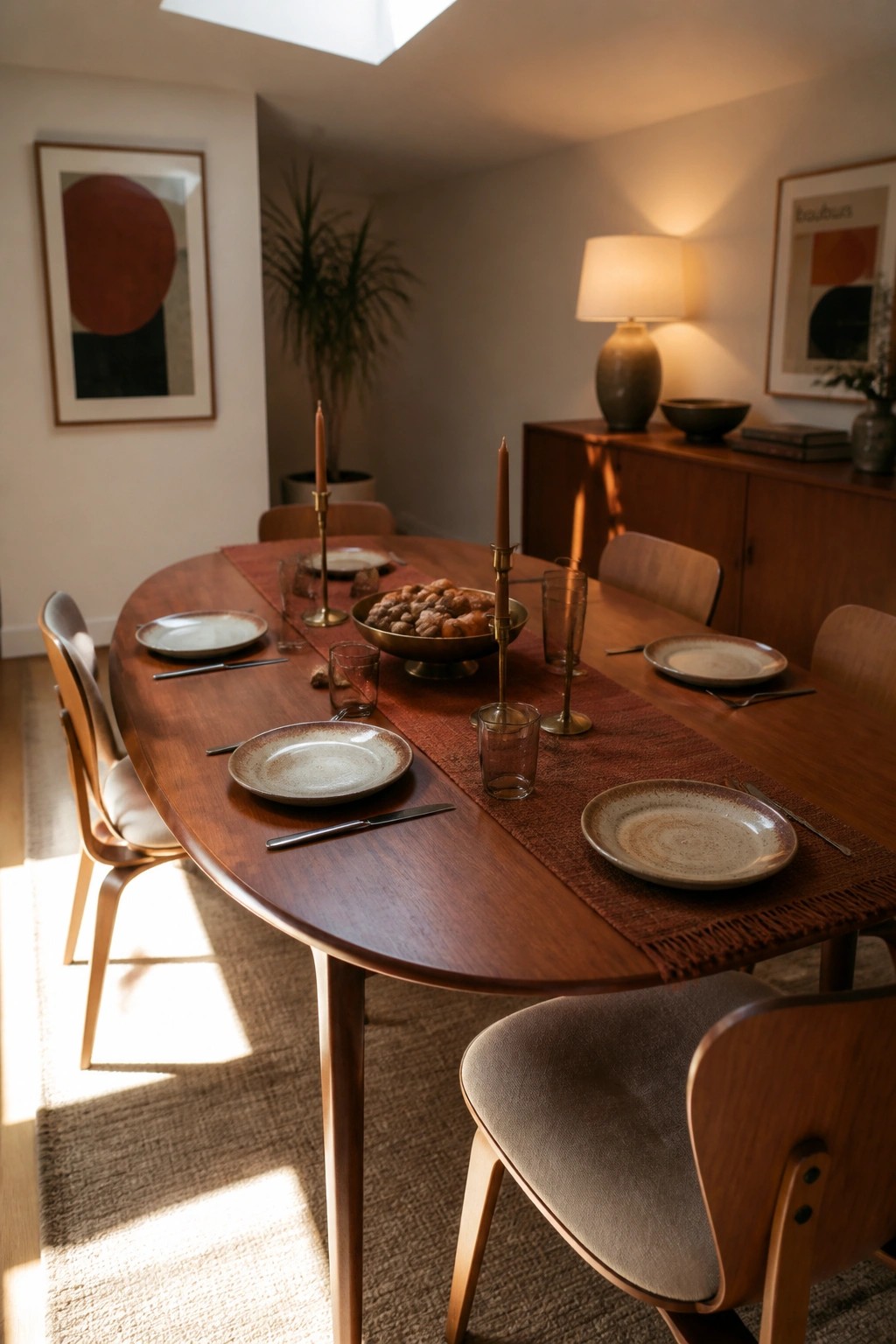 A long wooden dining table with a brown runner, ceramic plates, glasses, and candles arranged in a bright room.