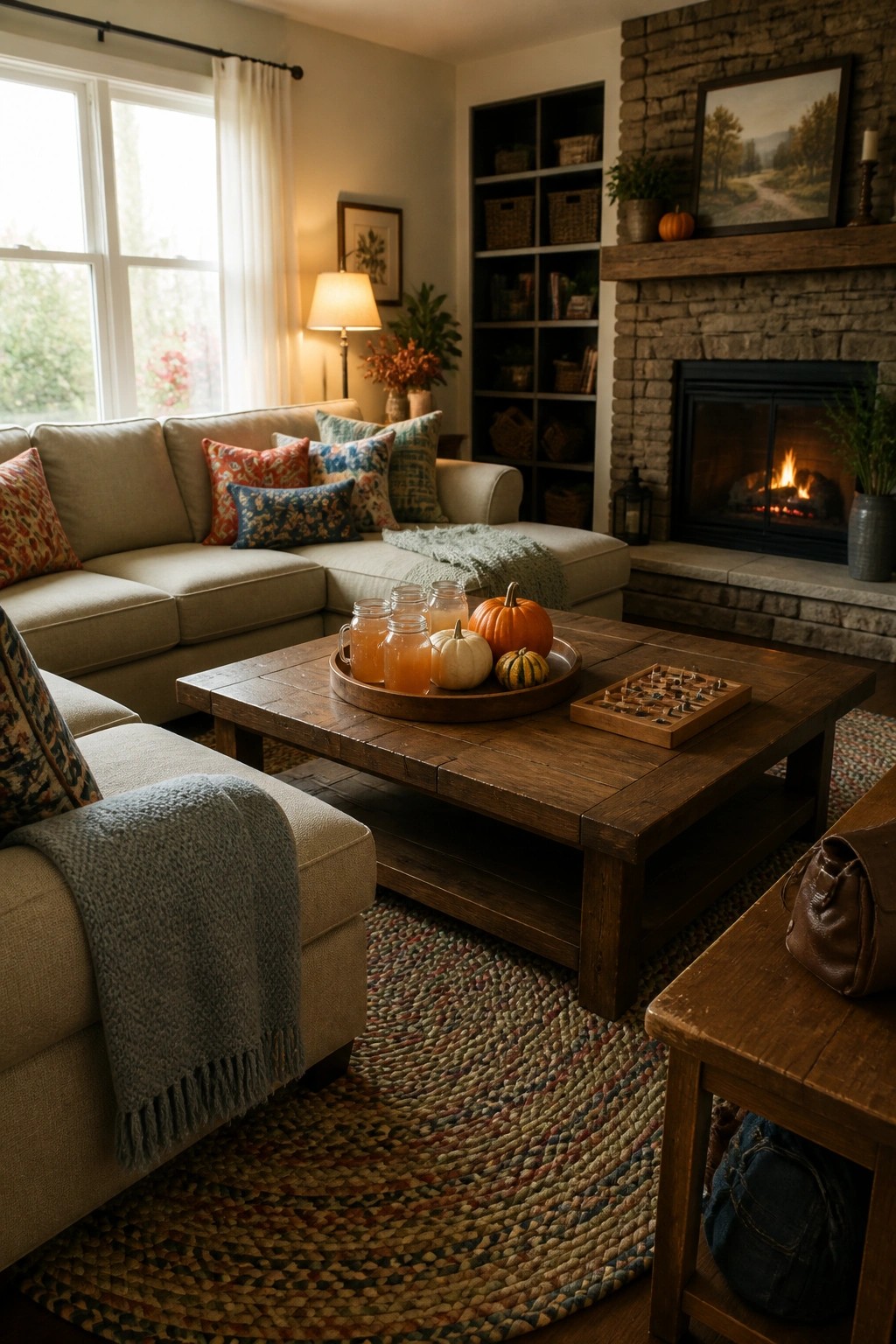A living room featuring a large wooden coffee table with small pumpkins, glass jars, and a board game, surrounded by a beige sectional sofa and a stone fireplace.
