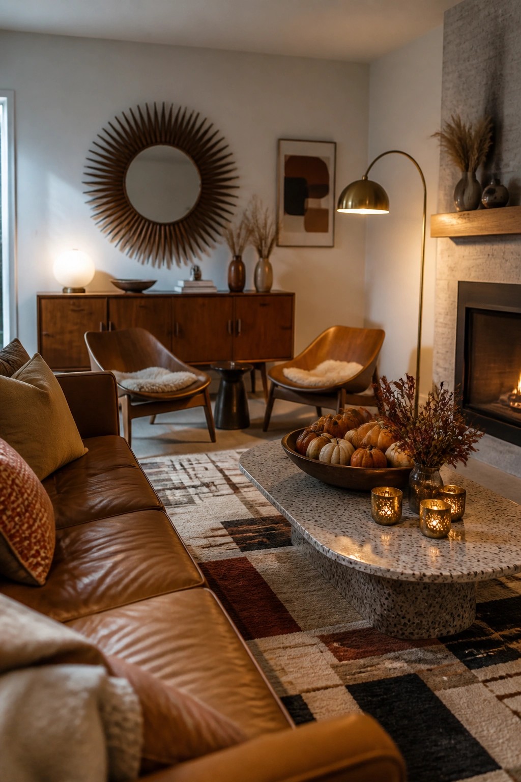 A living room with a brown leather sofa, two wooden armchairs, a large speckled coffee table holding pumpkins and candles, a fireplace, and a sunburst mirror on the wall.