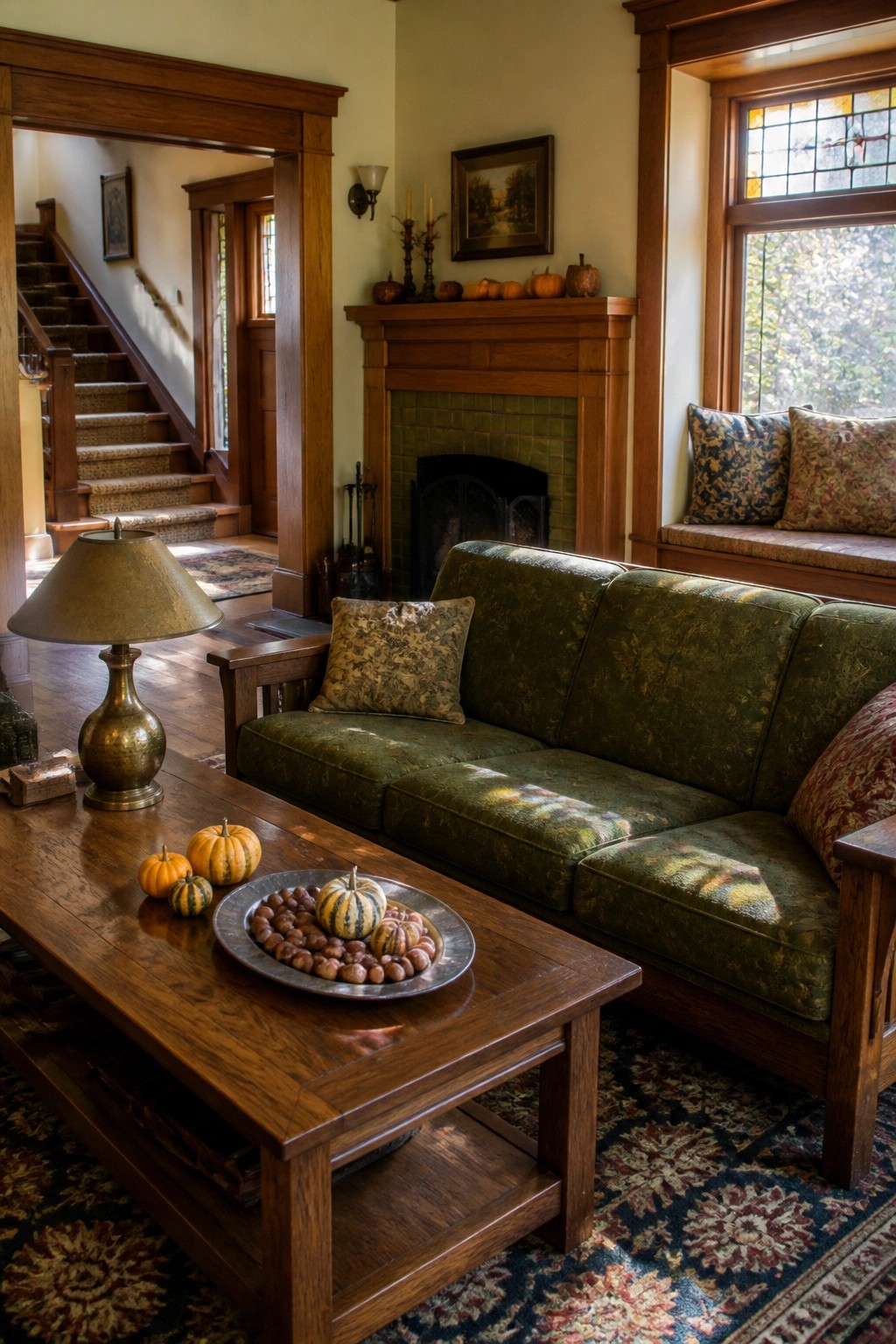 A living room features a green upholstered sofa, a large wooden coffee table holding small pumpkins and a metal tray of nuts, a brick fireplace, and a staircase visible through a doorway.