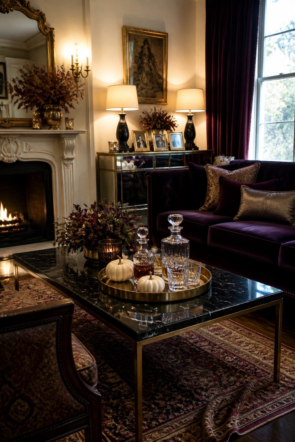 A living room with a black marble coffee table holding a round tray of crystal decanters and glasses, next to a purple velvet sofa and a lit fireplace.