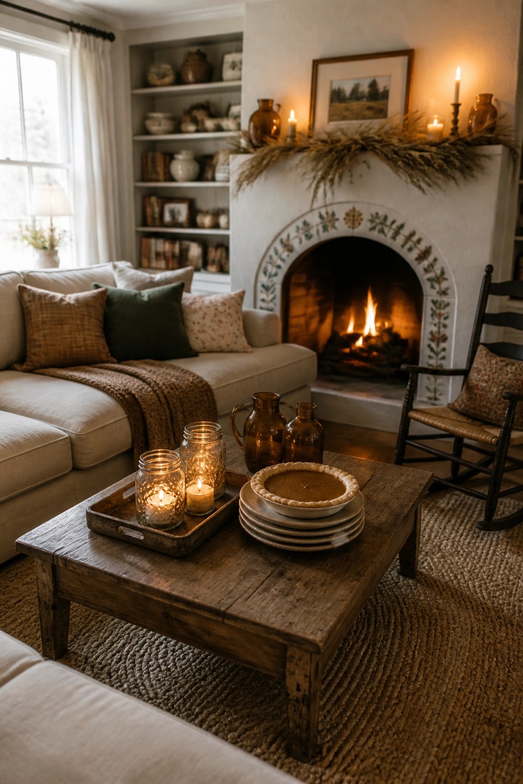 A living room with a rustic wooden coffee table holding lit candles and a pie on stacked plates, positioned in front of a lit fireplace with a sofa and rocking chair nearby.