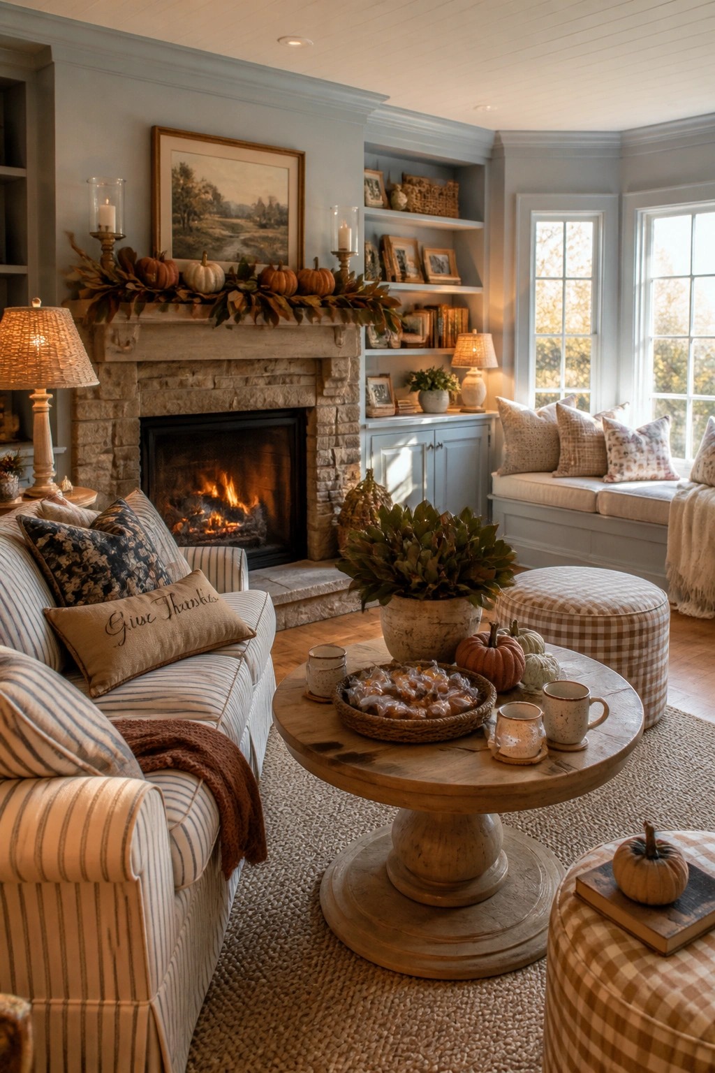 Living room with stone fireplace, lit fire, striped sofa, round wooden coffee table, and checkered ottomans arranged on a woven rug near built-in shelves.