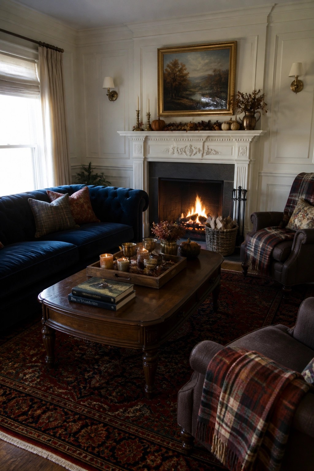 A traditional living room with a wooden coffee table holding books and candles, a blue velvet sofa, a lit fireplace with a landscape painting above it, and plaid upholstered chairs on a red patterned rug.