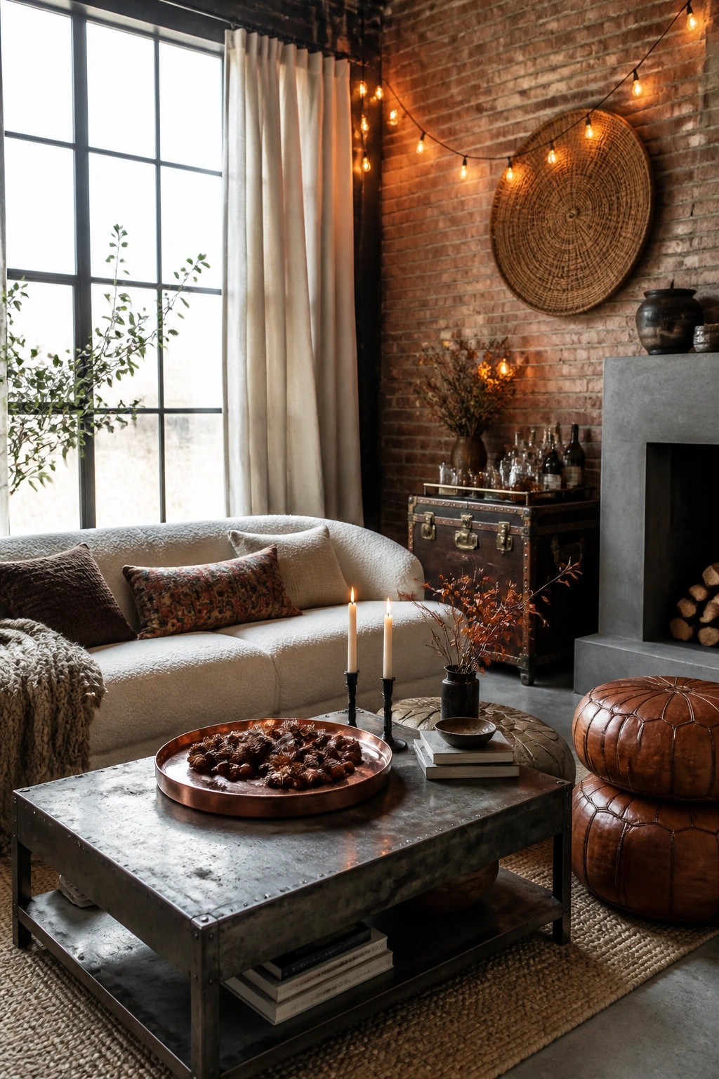 A living room scene showing a metal coffee table with a copper tray of dried botanicals, two lit candles, and stacked books, positioned in front of a white sofa near leather poufs and a brick wall.