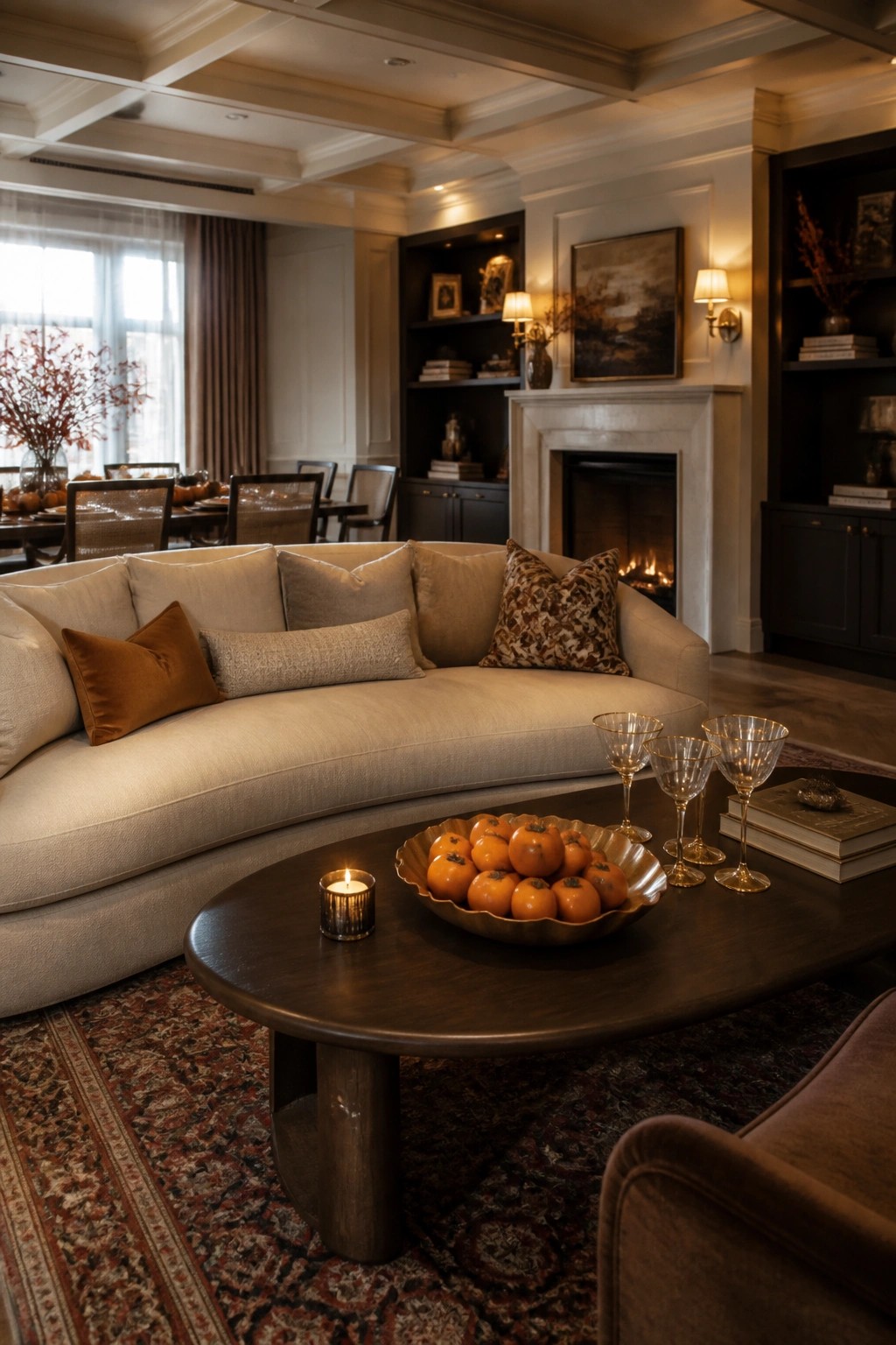 A living room with a large curved beige sofa facing a round dark wood coffee table holding a bowl of persimmons, wine glasses, and a lit candle, with a fireplace and built-in shelves in the background.