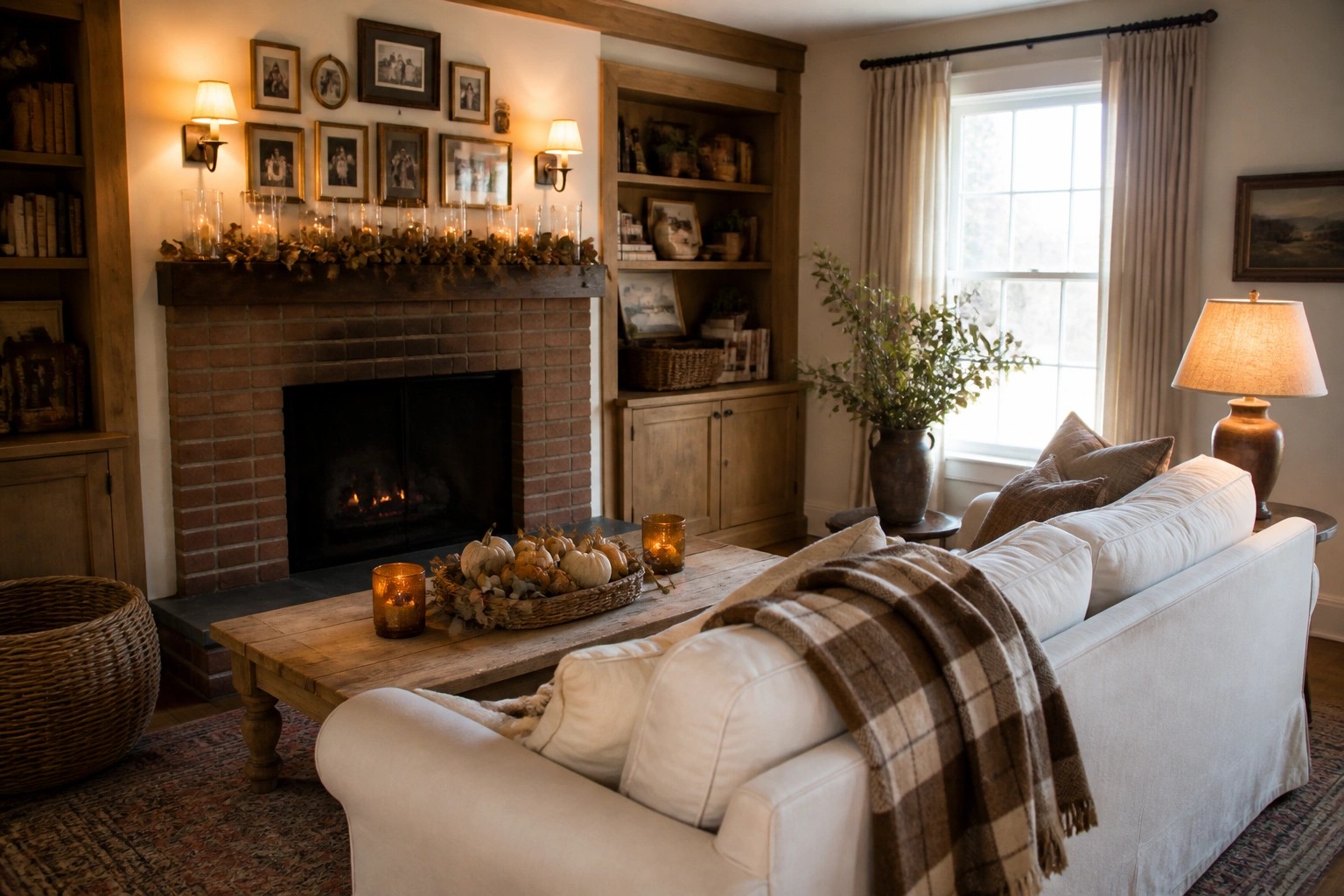 A living room with a brick fireplace centered between wooden built-in bookshelves, a white sofa in front, and a wooden coffee table holding a basket of small pumpkins.