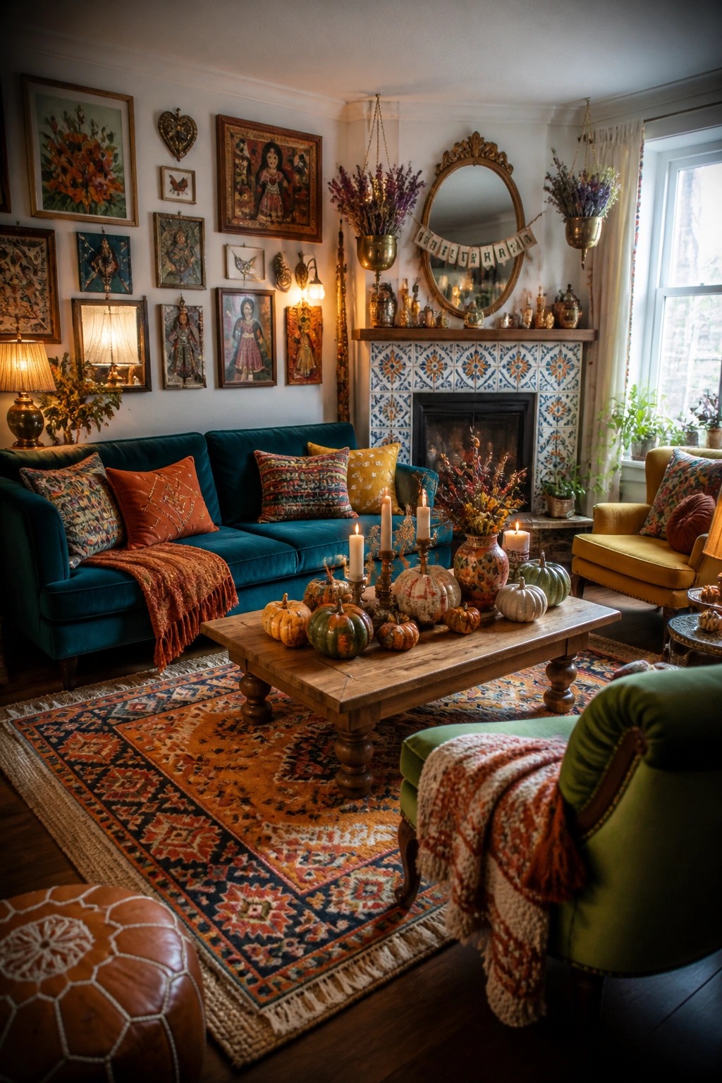 Cozy autumn living room with teal sofa, pumpkin-filled coffee table, and tiled fireplace.