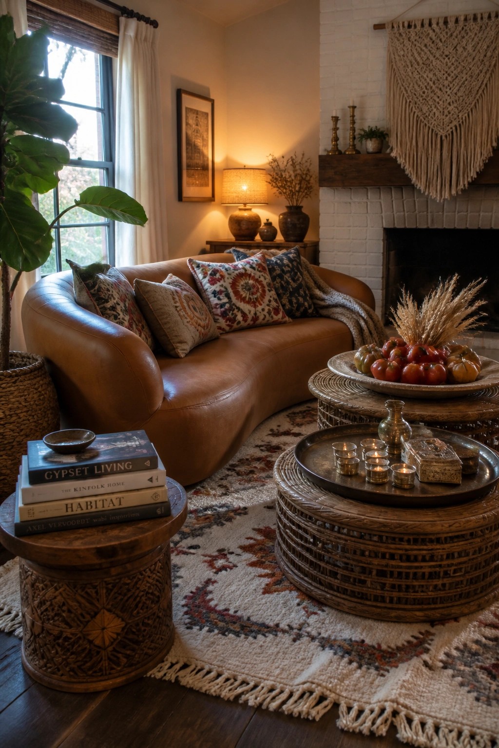 A living room featuring a brown leather sofa with multiple patterned pillows, round wooden coffee tables set with trays of candles and pumpkins, a patterned area rug, and a white brick fireplace.