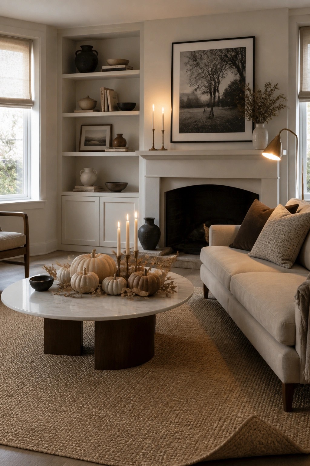 A living room with a round marble coffee table holding small pumpkins and candles, positioned in front of a beige sofa near a fireplace with built-in shelves.