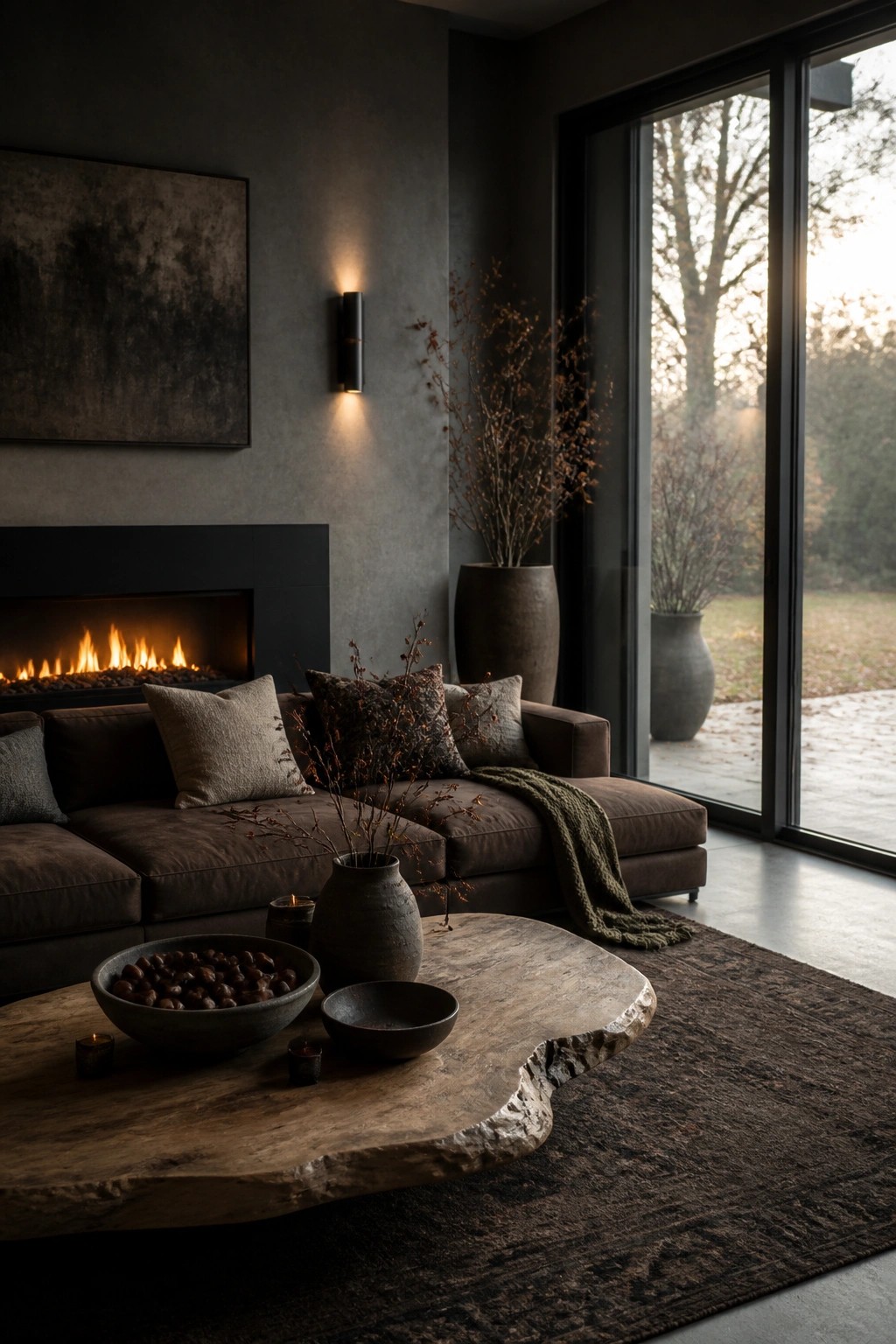 Modern dark living room with brown sofa, rustic wooden table, fireplace, and large windows