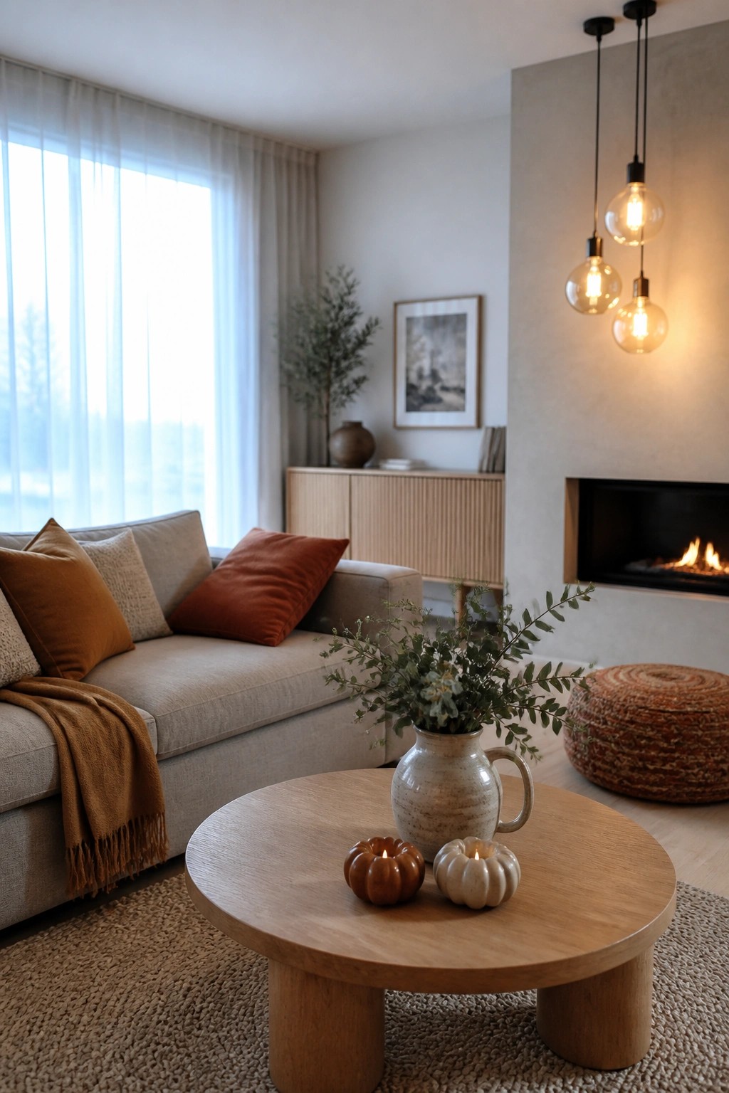 A living room with a beige sofa layered with rust and brown pillows and a throw, a round wooden coffee table holding two small pumpkin candles, and a fireplace visible in the background.