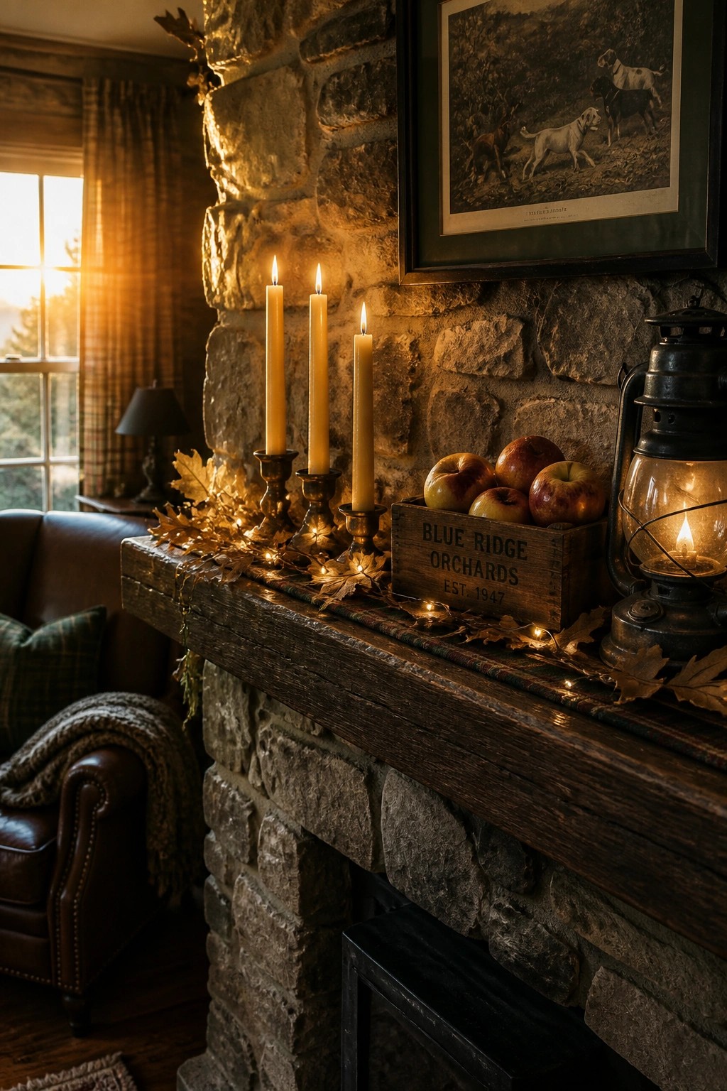 A stone fireplace mantel with three lit taper candles in brass holders, a wooden crate of apples, a lit lantern, and string lights mixed with dried leaves.