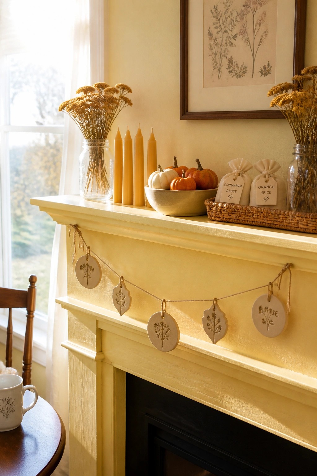 A pale yellow mantel decorated with four taper candles, small pumpkins in a bowl, two glass jars of dried yellow flowers, spice sachets, and a twine garland with clay leaf and circle ornaments.