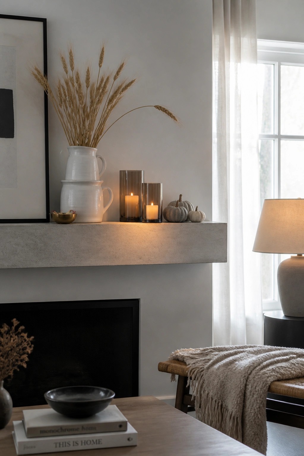 A concrete fireplace mantel holds two stacked white ceramic pitchers filled with dried wheat, two lit candles in smoked glass holders, and several small gray pumpkins.
