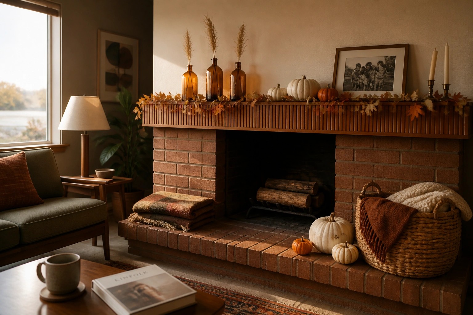 A brick fireplace mantel decorated with an autumn leaf garland, amber glass bottles holding dried wheat, white taper candles, and small white and orange pumpkins.