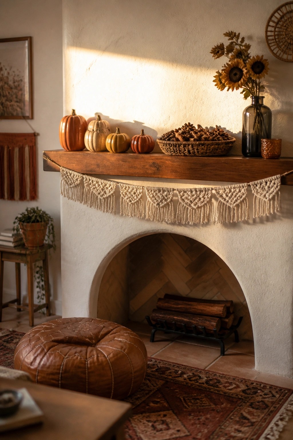 A white fireplace with a wooden mantel holding small orange and yellow pumpkins, a woven basket of pinecones, and a glass vase with sunflowers, with a brown leather pouf on a patterned rug in the foreground.