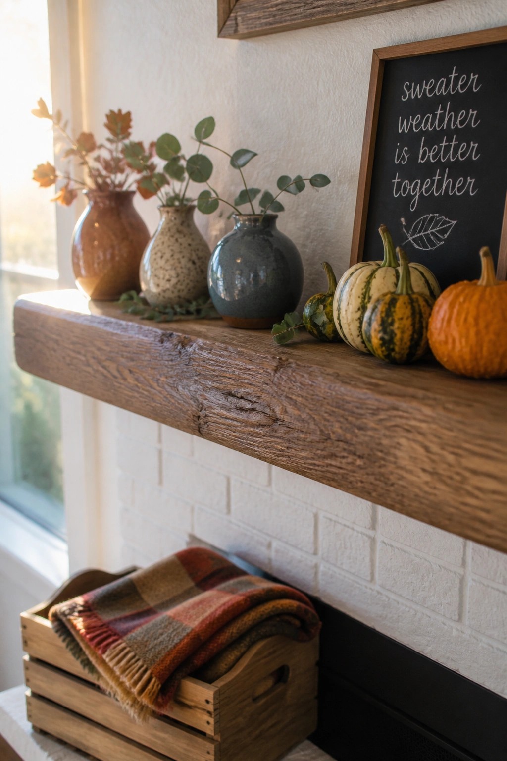A wooden mantel holds three ceramic vases with autumn branches, several small pumpkins in different colors and patterns, and a framed chalkboard sign with white lettering.
