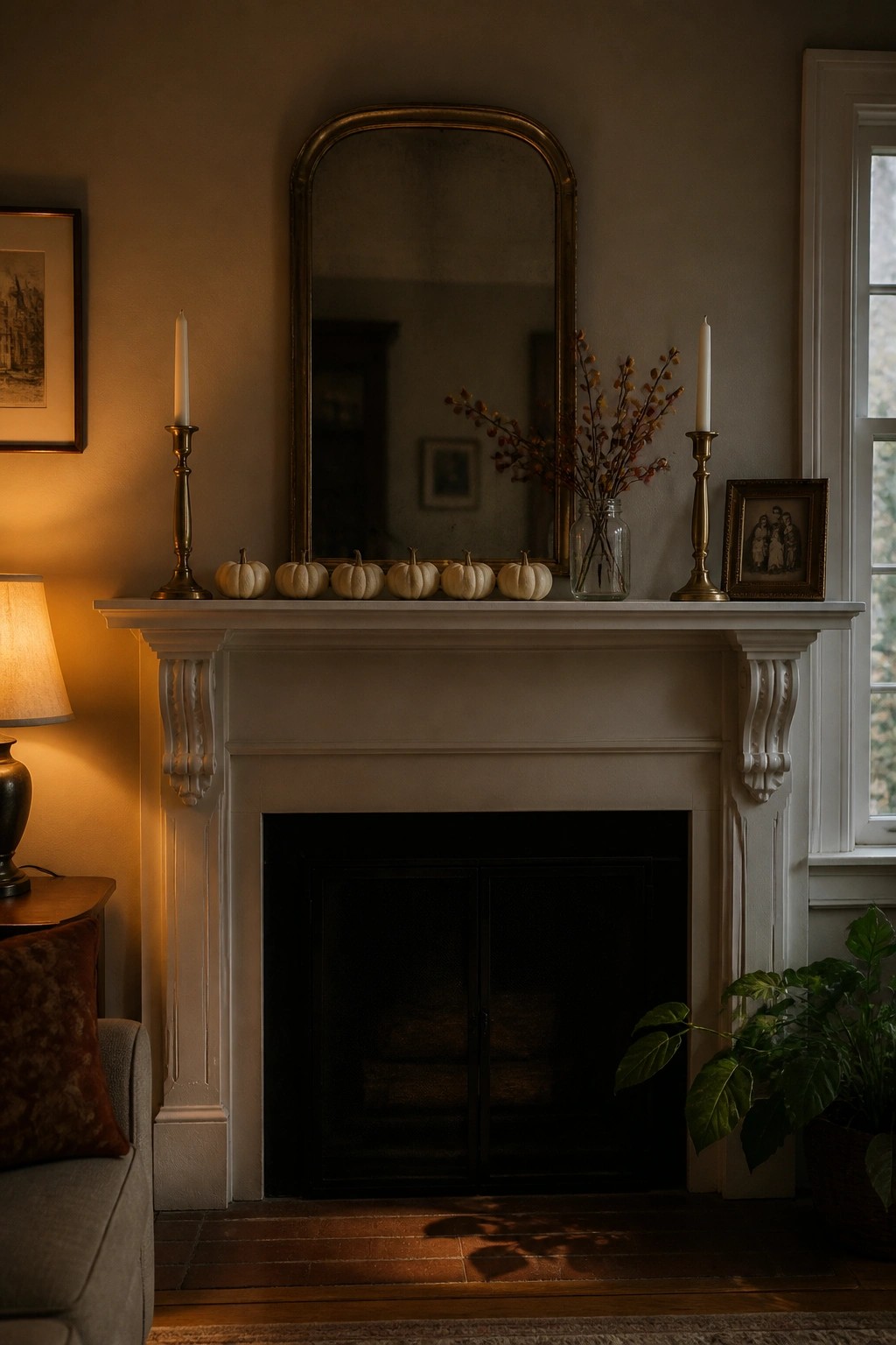 A white fireplace mantel topped with a row of small white pumpkins, two brass candlesticks with tall white candles, and a glass jar holding dried branches, with a large mirror above.
