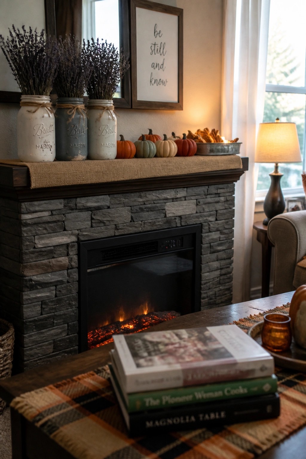 A stone fireplace mantel with three painted mason jars holding dried lavender, a row of small pumpkins, and a framed sign above the mantel.
