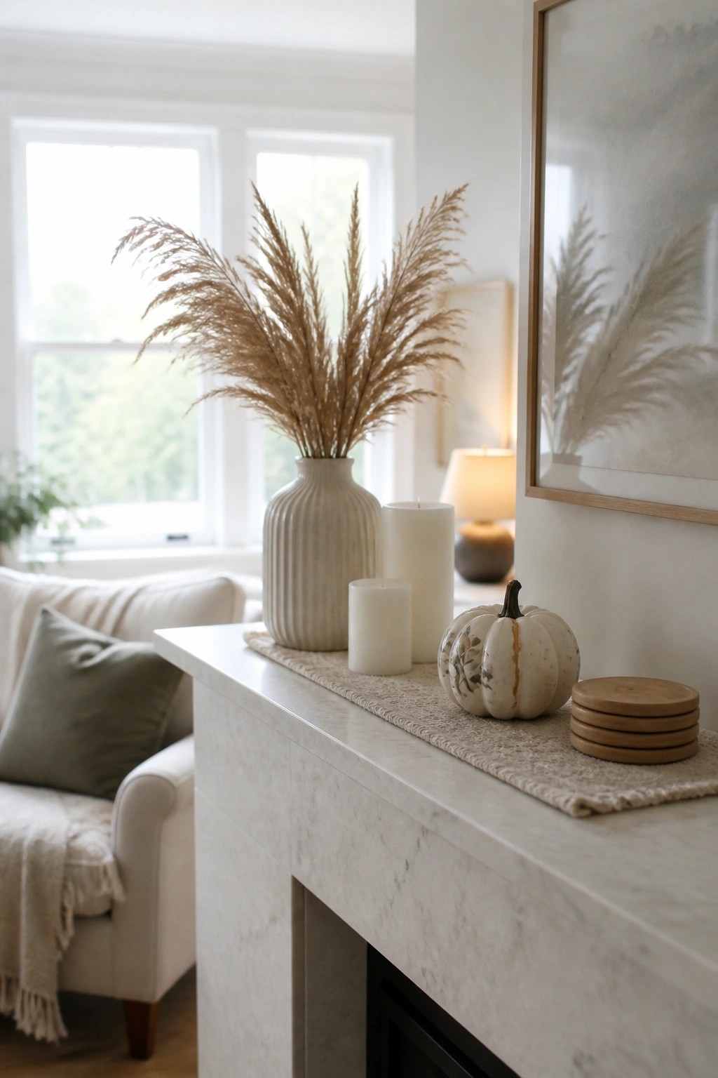 A white marble mantel holds a ribbed vase of tall dried pampas grass, several white pillar candles, a small white pumpkin, and a stack of wooden coasters.