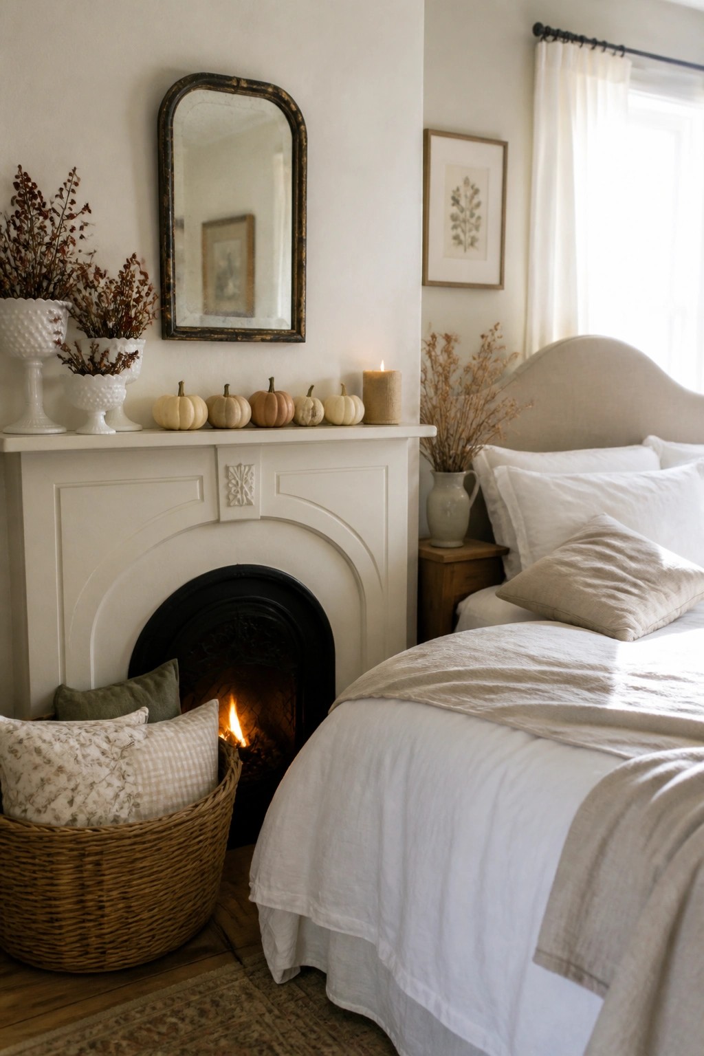 A white fireplace mantel decorated with small pumpkins in various shades, a lit candle, and white vases with dried flowers, next to a bed with white and beige linens in a bright bedroom.