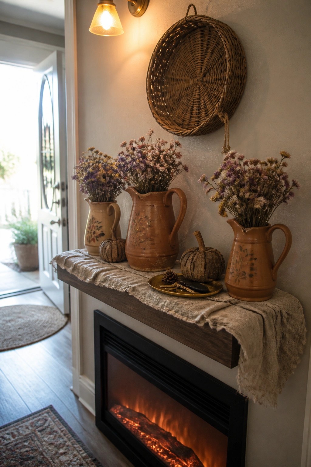 A dark fireplace mantel topped with a linen runner, three brown ceramic pitchers holding dried purple and white flowers, two small pumpkins, and a gold tray with pinecones, with a large woven basket hanging on the wall above.