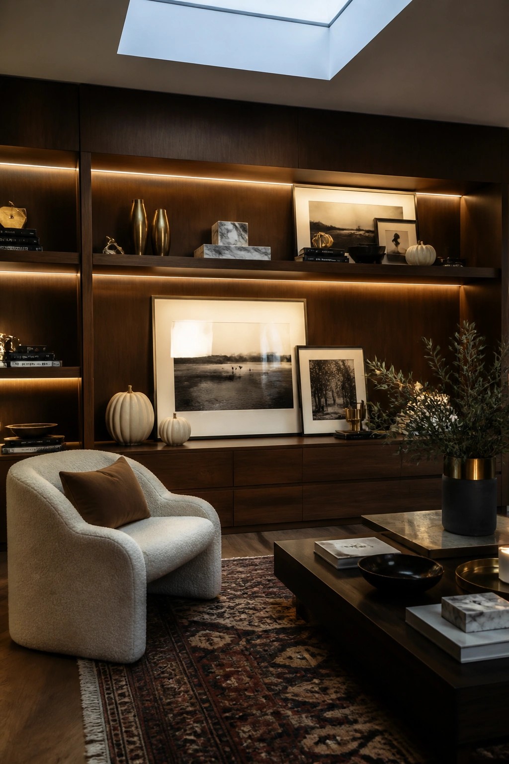Dark wood built-in shelves in a living room, lit with warm LED strips and styled with framed photos, white pumpkins, vases, books, and a potted plant.