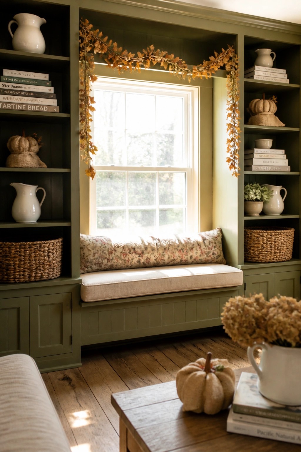 A green built-in bookcase with shelves holding books, white pitchers, woven baskets, and burlap pumpkins surrounds a window seat with a floral cushion and an autumn leaf garland.
