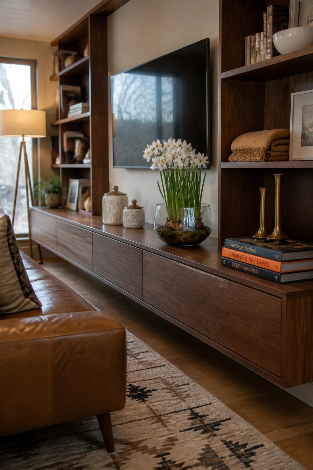 A modern living room featuring a long wooden built-in media console and shelving unit with a mounted flat-screen TV, books, vases, and a leather sofa in the foreground.