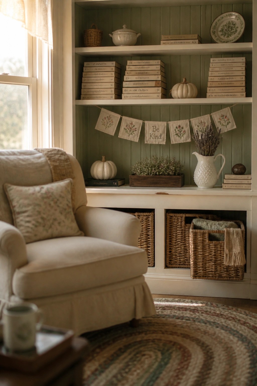 Cozy cream armchair beside sage green bookshelf with books, pumpkins, and banner