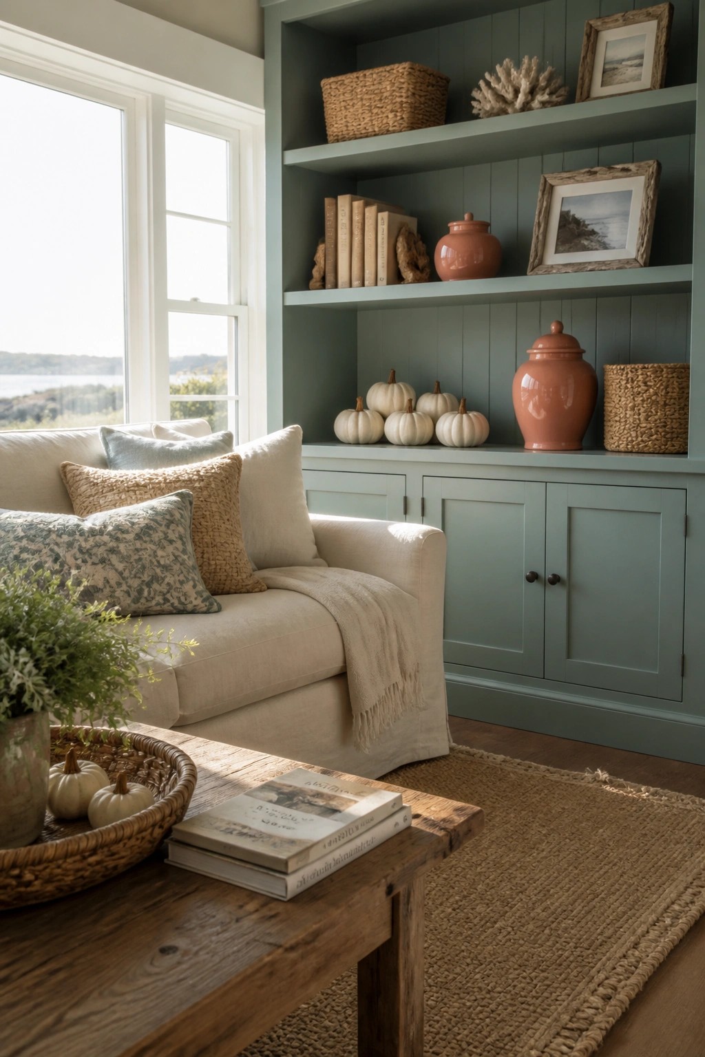 Living room built-in shelves styled with books, framed art, coral, terracotta vases, white pumpkins, and woven baskets beside a window and beige sofa.