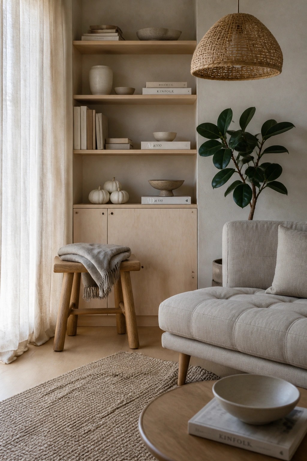 Built-in light wood shelves in a neutral living room hold stacked books, ceramic bowls, and small white pumpkins, with a wooden stool holding a folded blanket in front.