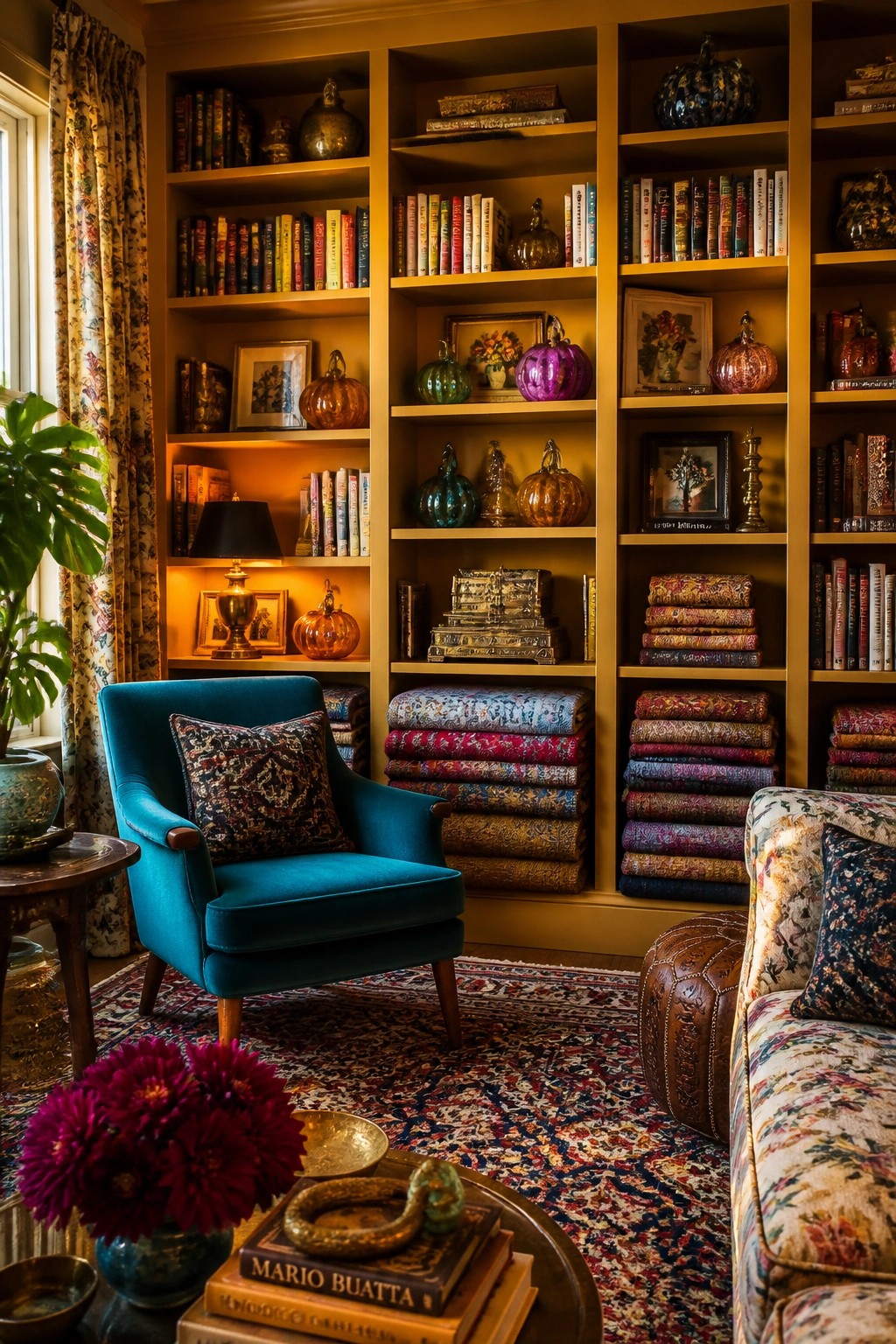 A living room corner with yellow built-in bookshelves displaying books, colorful pumpkins, framed pictures, and stacked fabrics, along with a teal armchair, a floral sofa, and a patterned rug.