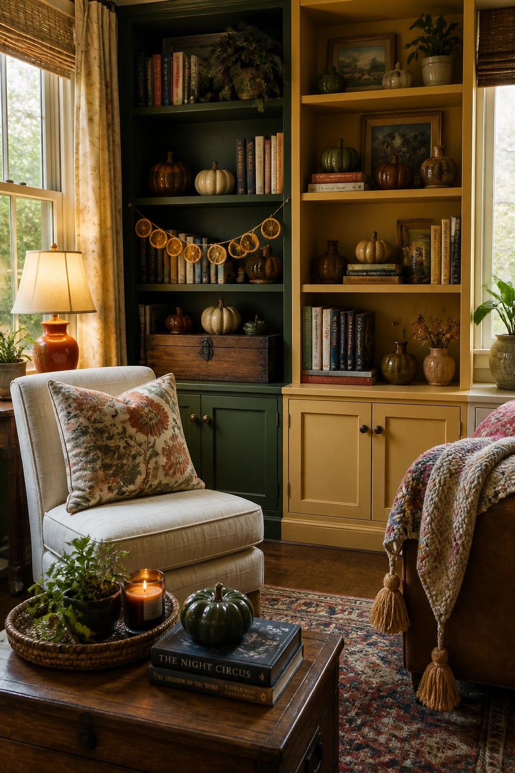 A cozy living room corner with built-in bookshelves decorated with pumpkins, books, plants, and a dried orange garland, next to a window and an armchair with a floral pillow.