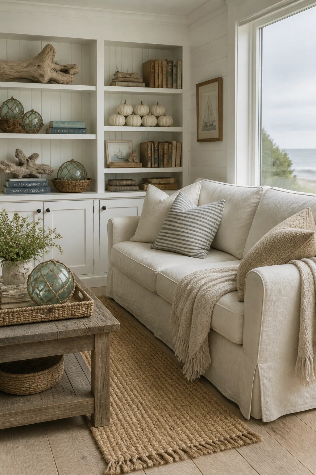 A living room corner showing white built-in bookshelves filled with books, white pumpkins, driftwood, glass floats in baskets, and a beige sofa with striped and textured pillows.